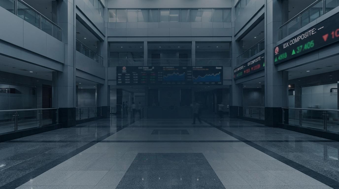 Suasana gedung Bursa Efek Indonesia dengan papan informasi indeks dan struktur pasar modal